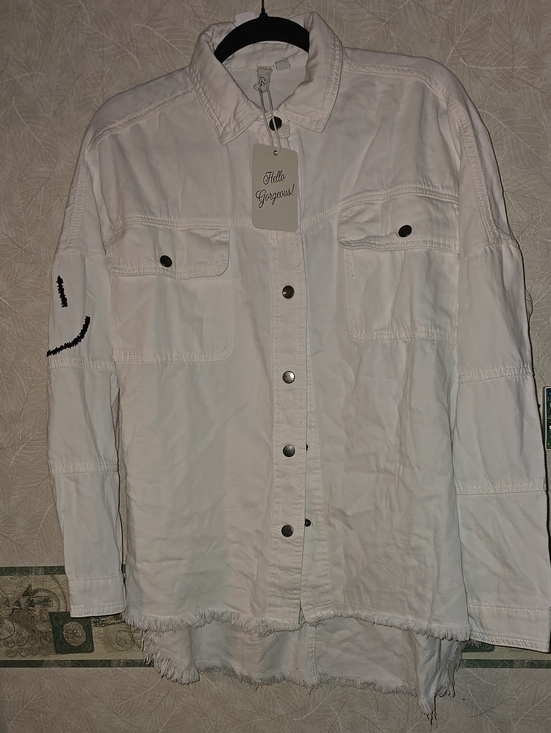 Elan Jackets & Blazers - Elan White Button-Front Utility Shirt Jacket with Smiley Detail